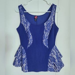 2B Bebe Peplum Tank‎ Top Sz Large Lace Royal Blue White Stretch Vintage Y2K USA
